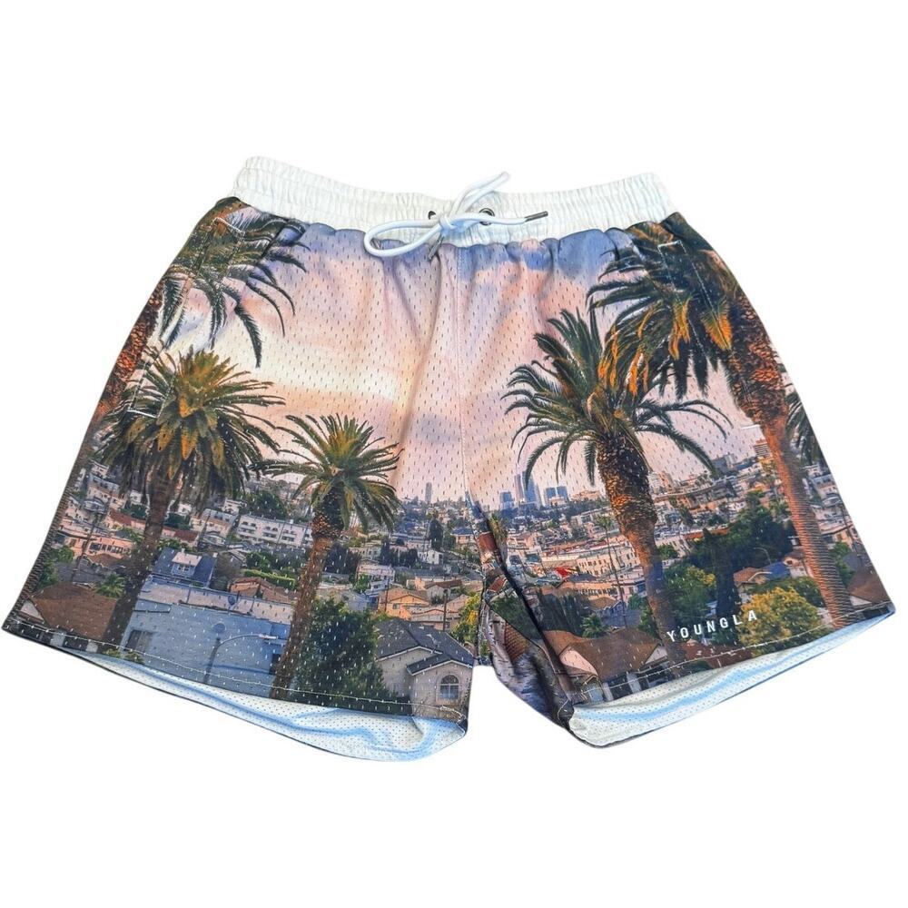 YoungLA Sunset Palm Tree Mesh Athletic Shorts Medium Los Angeles Print